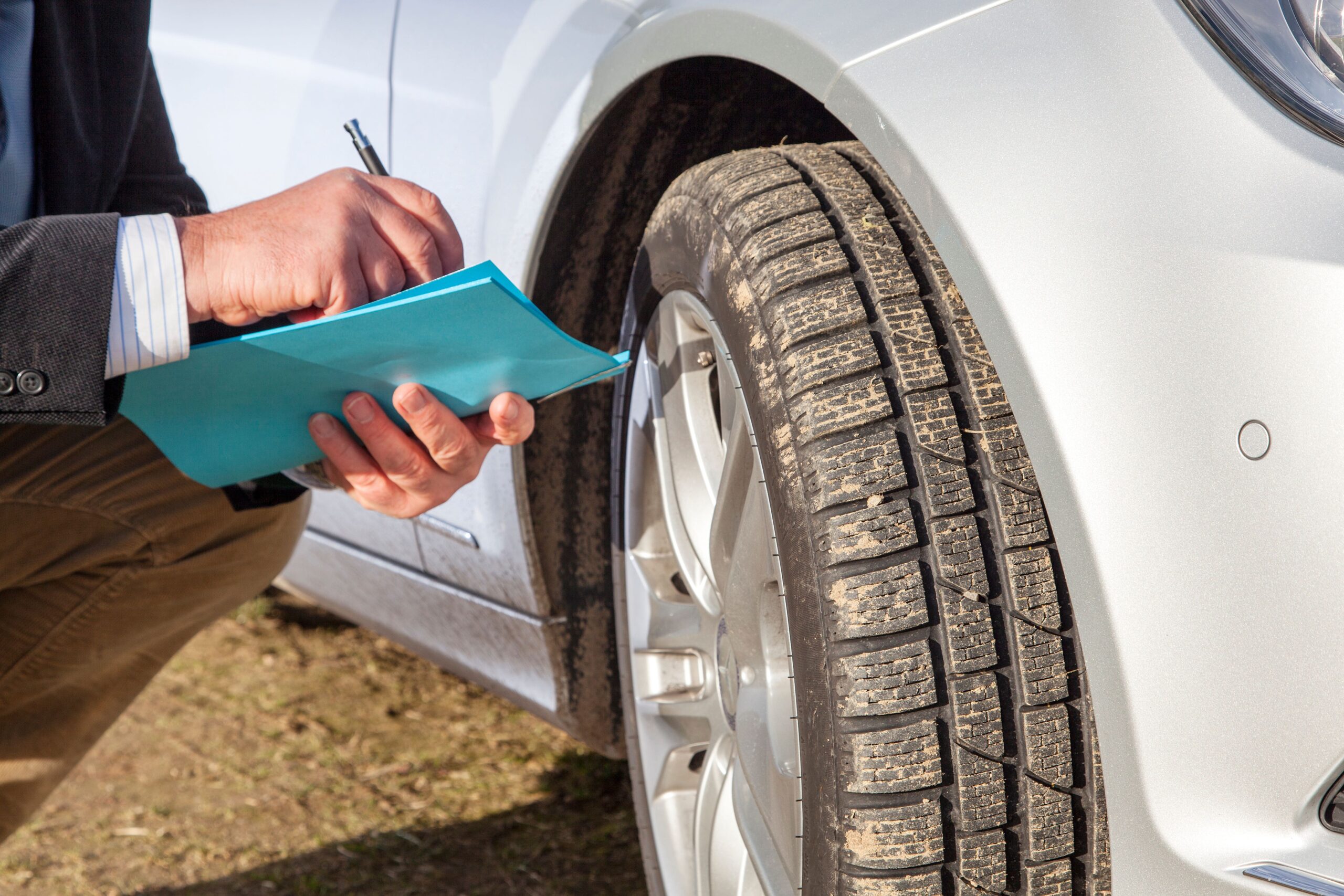 Man with paper block kneeling on car tires